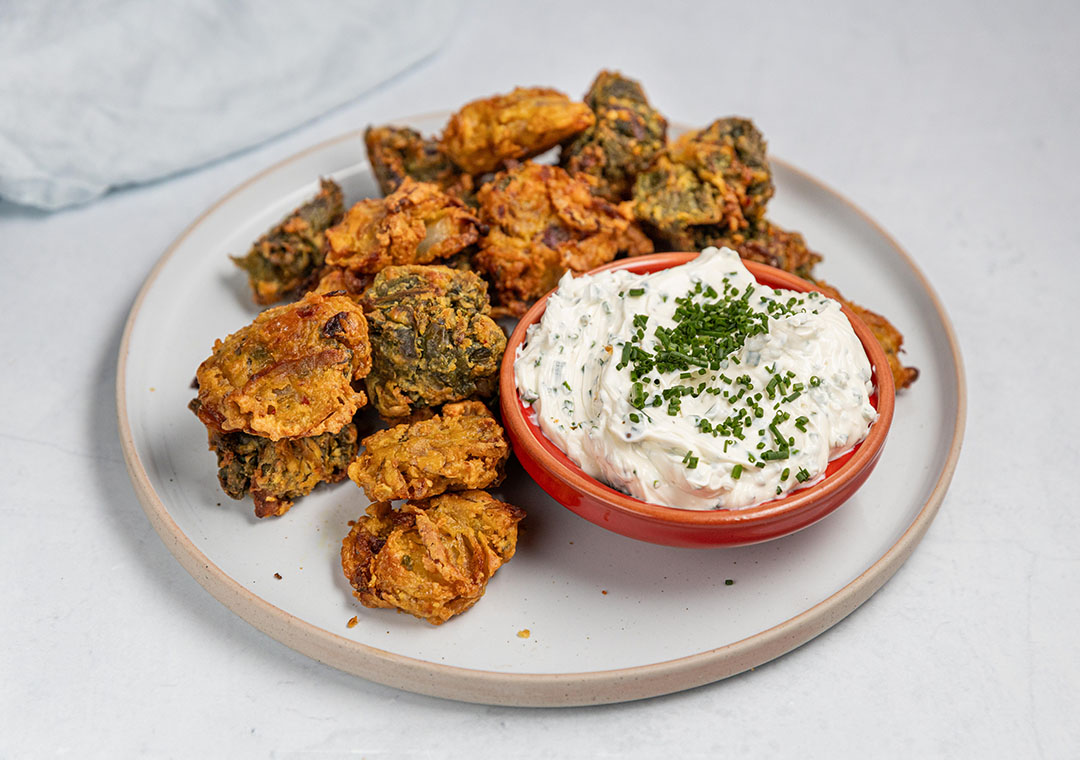 Chive Dip with Onion Bhaji and Spinach Pakora