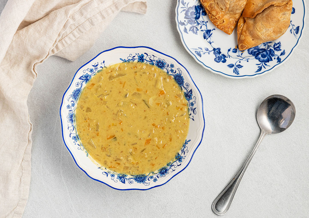 Indian Mulligatawny Soup with Hot & Spicy Samosas